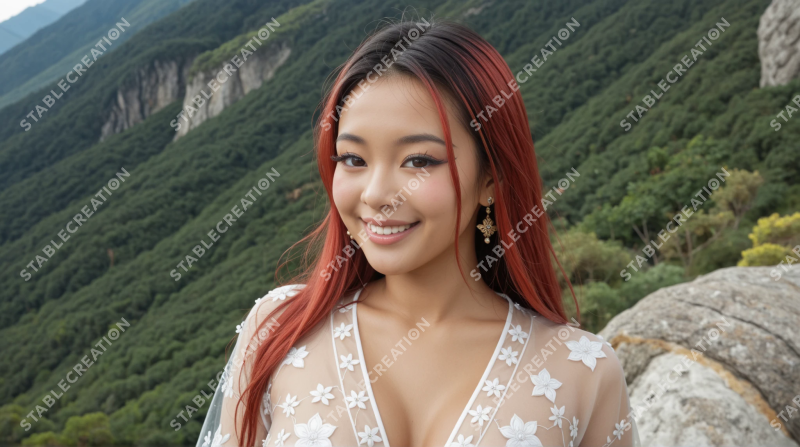 Portrait souriant d'une femme aux cheveux rouges en montagne