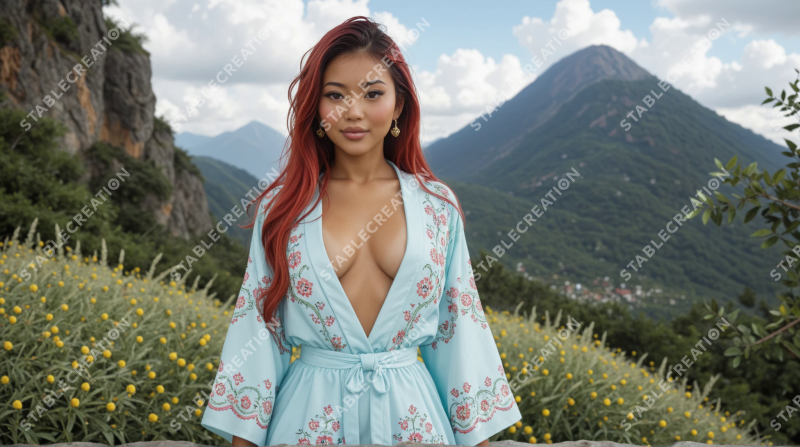 Femme aux cheveux rouges en robe fleurie devant les montagnes