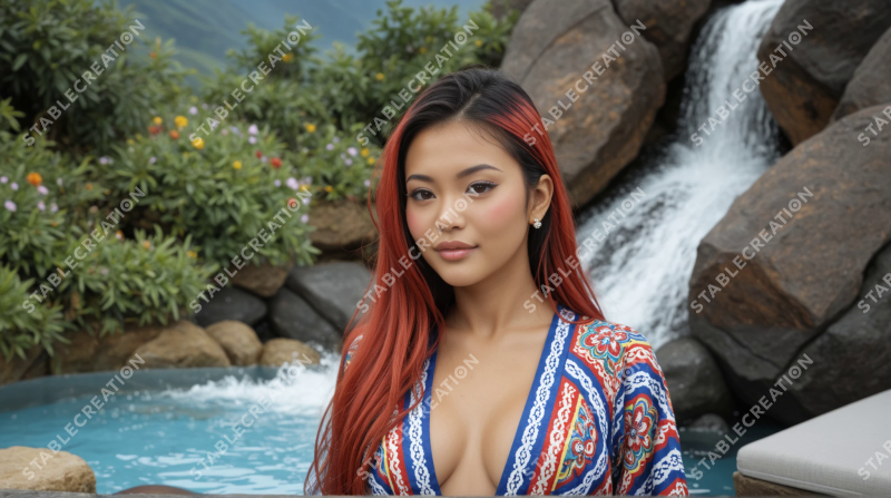 Portrait d'une femme aux cheveux rouges devant une cascade