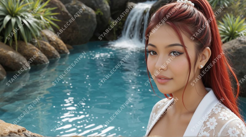 Portrait d'une femme rousse près d'une piscine tropicale