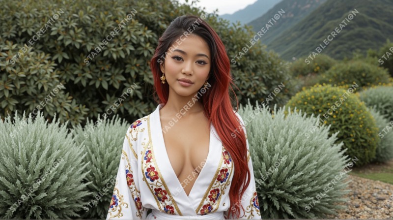 Portrait d'une femme aux cheveux rouges dans un jardin