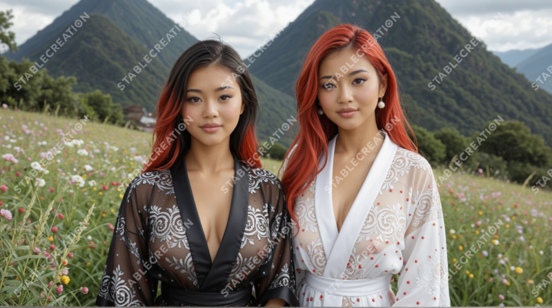 Deux femmes en tenues traditionnelles devant les montagnes