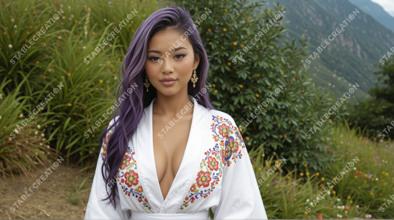 Portrait d'une femme aux cheveux violets en extérieur