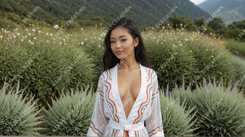 Portrait d'une femme en robe blanche dans un champ fleuri