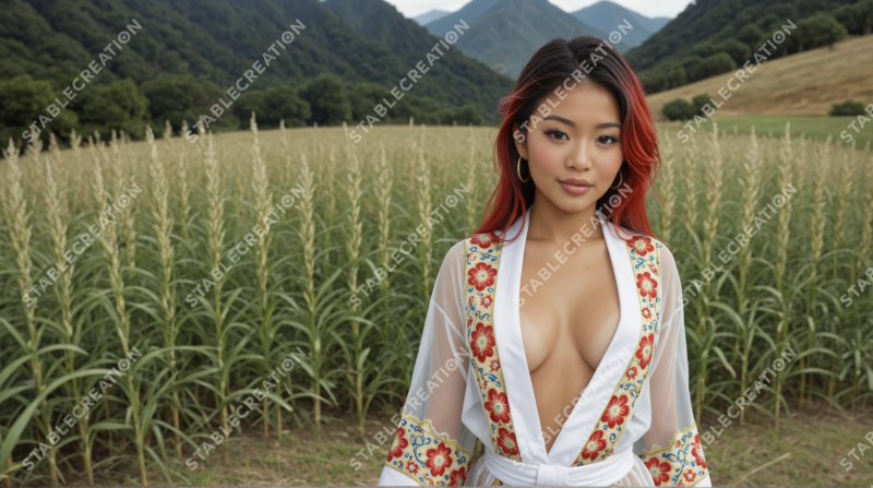 Portrait sensuel d'une femme en robe fleurie aux champs