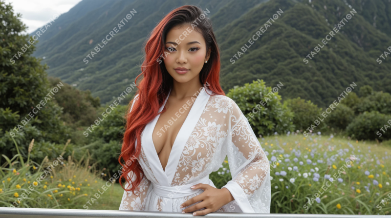 Portrait d'une femme en robe de dentelle blanche
