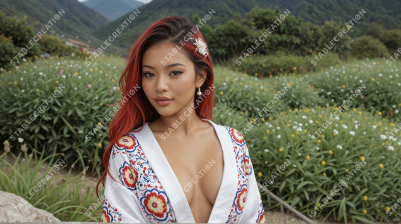 Portrait d'une femme aux cheveux roux dans un champ fleuri