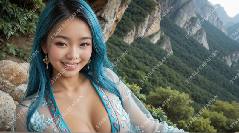 Portrait d'une femme aux cheveux bleus en montagne