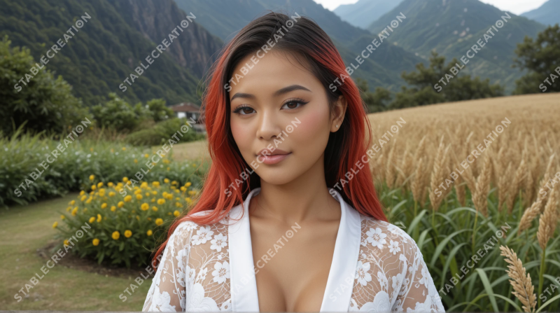 Portrait d'une femme aux cheveux rouges dans la campagne
