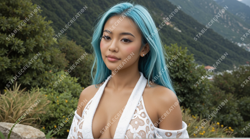 Portrait d'une femme aux cheveux bleus en montagne