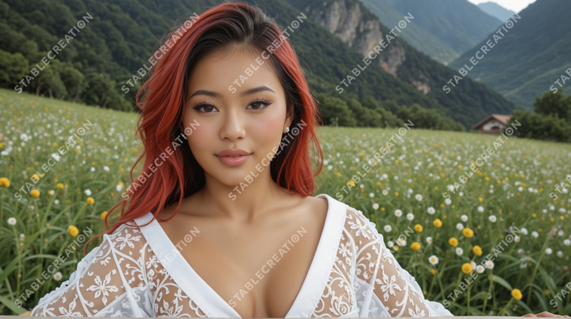 Portrait d'une femme aux cheveux rouges dans une prairie fleurie